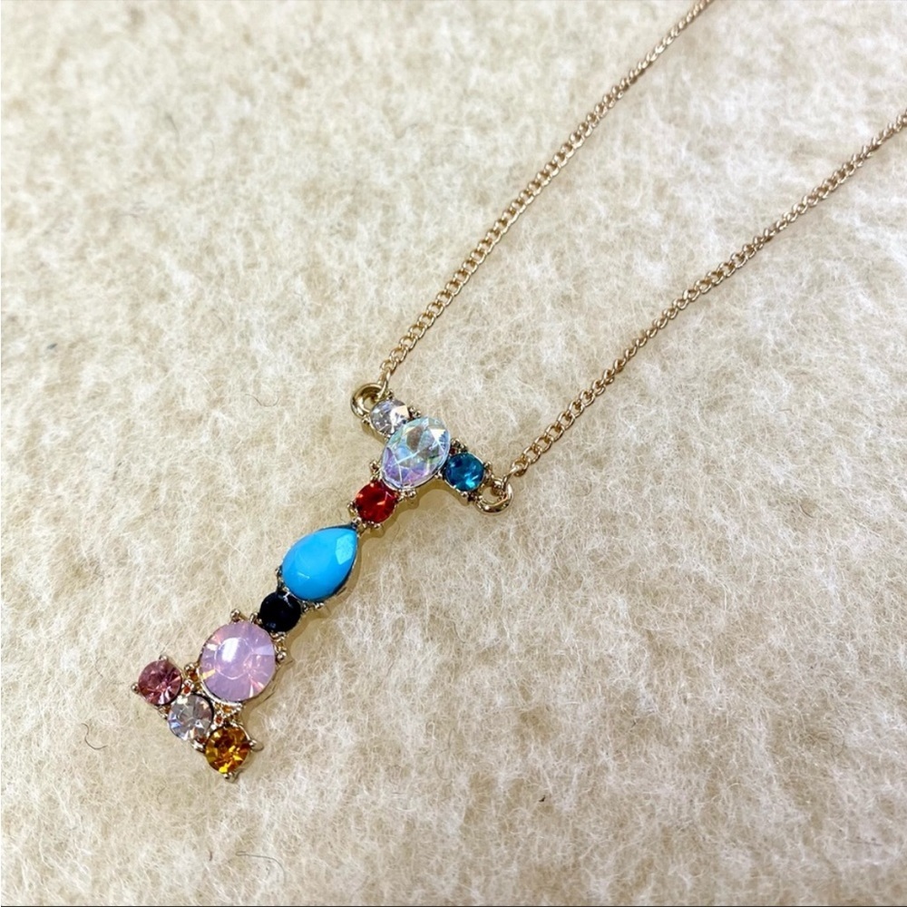 Gold Initial Letter Necklace Crystal Rainbow Rhinestone I